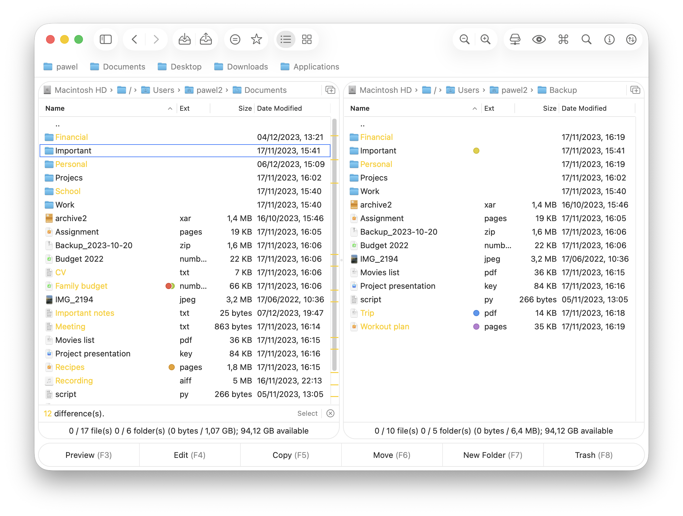 DoubleXplorer directory comparison feature